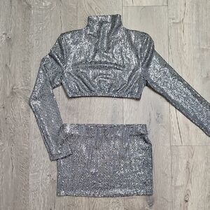 Silver Sequin Crop Top and Skirt Set